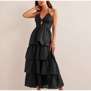 Boden Black Ramie Tiered Maxi Dress Halter Neck Petite 10P / UK 14P Ruffle‎ New